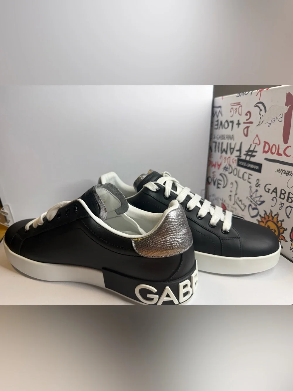 Dolce Gabbana Black & Silver Portofino Low-Top Leather Sneakers